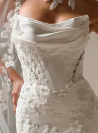 Maggie Sottero Burke lace fit-and-flare wedding dress front bodice view.
