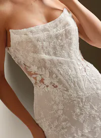 Sottero and Midgley Dublin lace sheath, side view.