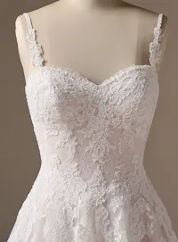 Rebecca Ingram Esmeralda front view; sweetheart neckline lace A-line wedding dress