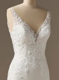 Rebecca Ingram Holly sheath dress front view, illusion lace deep V-neckline