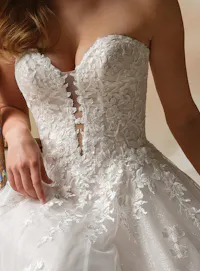 Maggie Sottero Jennifer close-up, strapless sequin lace wedding dress bodice.
