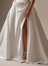 Sottero and Midgley Kincaid beaded satin ballgown, front view thigh-high slit.