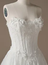 Maggie Sottero Kitaro, front view 3D lace ballgown bodice on mannequin.