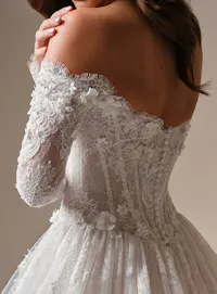 Maggie Sottero Kitaro off-the-shoulder lace ballgown, back view.