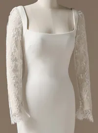 Rebecca Ingram Lucille front view soft scoop neck long lace sleeves sheath wedding dress