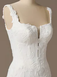 Rebecca Ingram Pearline square neck fit-and-flare wedding dress front close-up