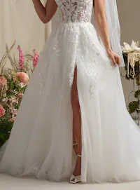 Rebecca Ingram Susan back view lace ballgown with floral detail and slit