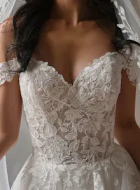 Maggie Sottero Verina A-Line wedding dress front view with lace details by Maggie Sottero.