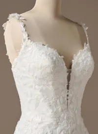 Sottero and Midgley West, beaded lace fit-and-flare wedding dress,, side view.