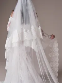 Royal length veil with blusher edged in Chantilly lace