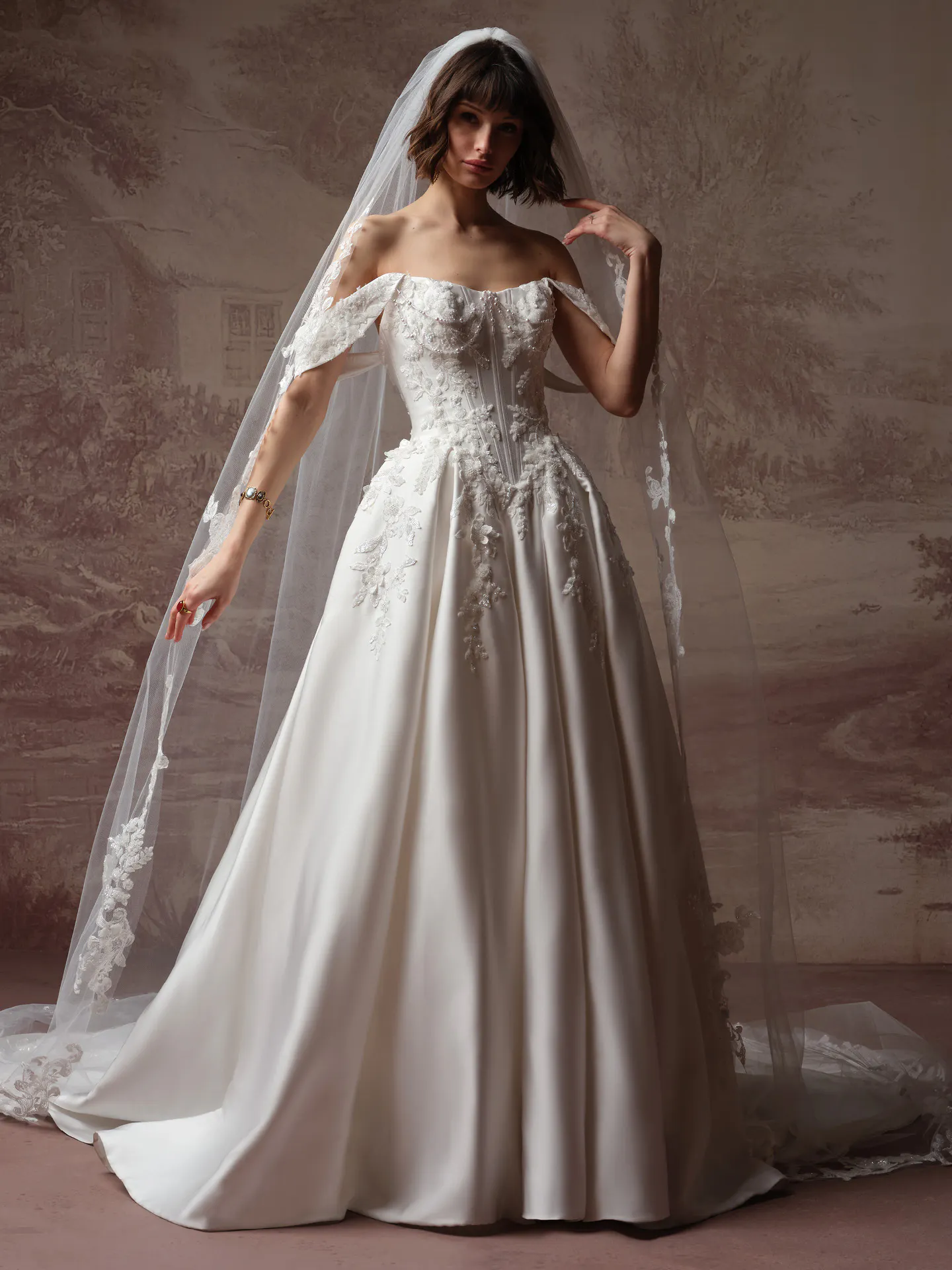 Sottero and Midgley Burke, front view with royal veil and beaded lace.