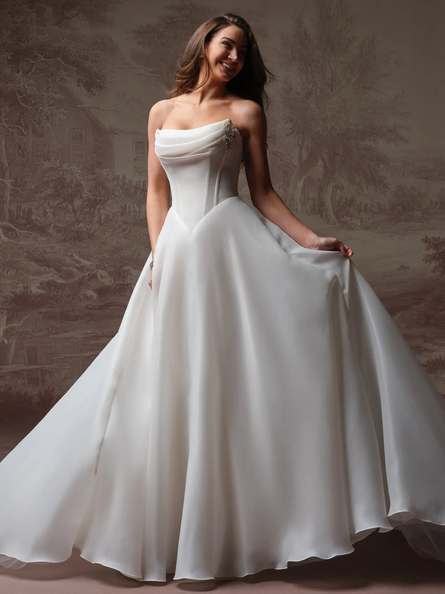 Maggie Sottero Abilene front view A Line organza wedding dress.