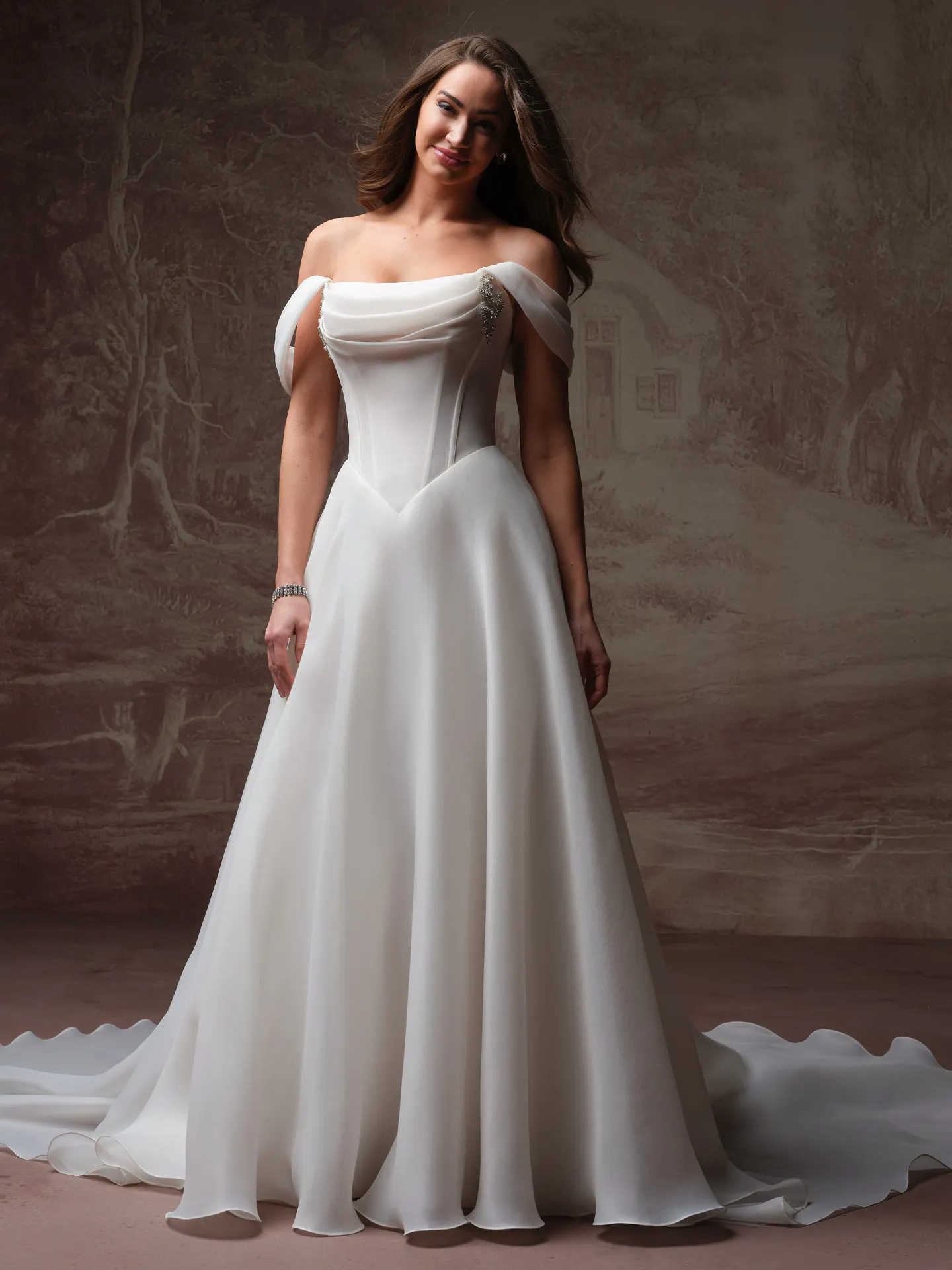 Maggie Sottero Abilene front view A Line wedding dress with basque waist and organza fabric.