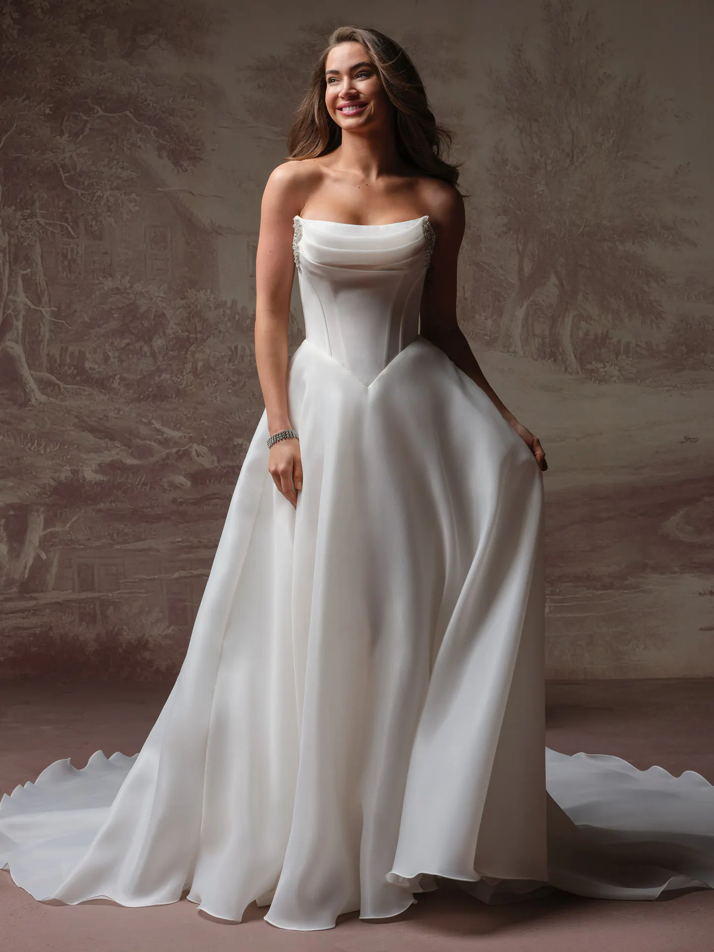 Maggie Sottero Abilene A Line front view organza dress with basque waist.