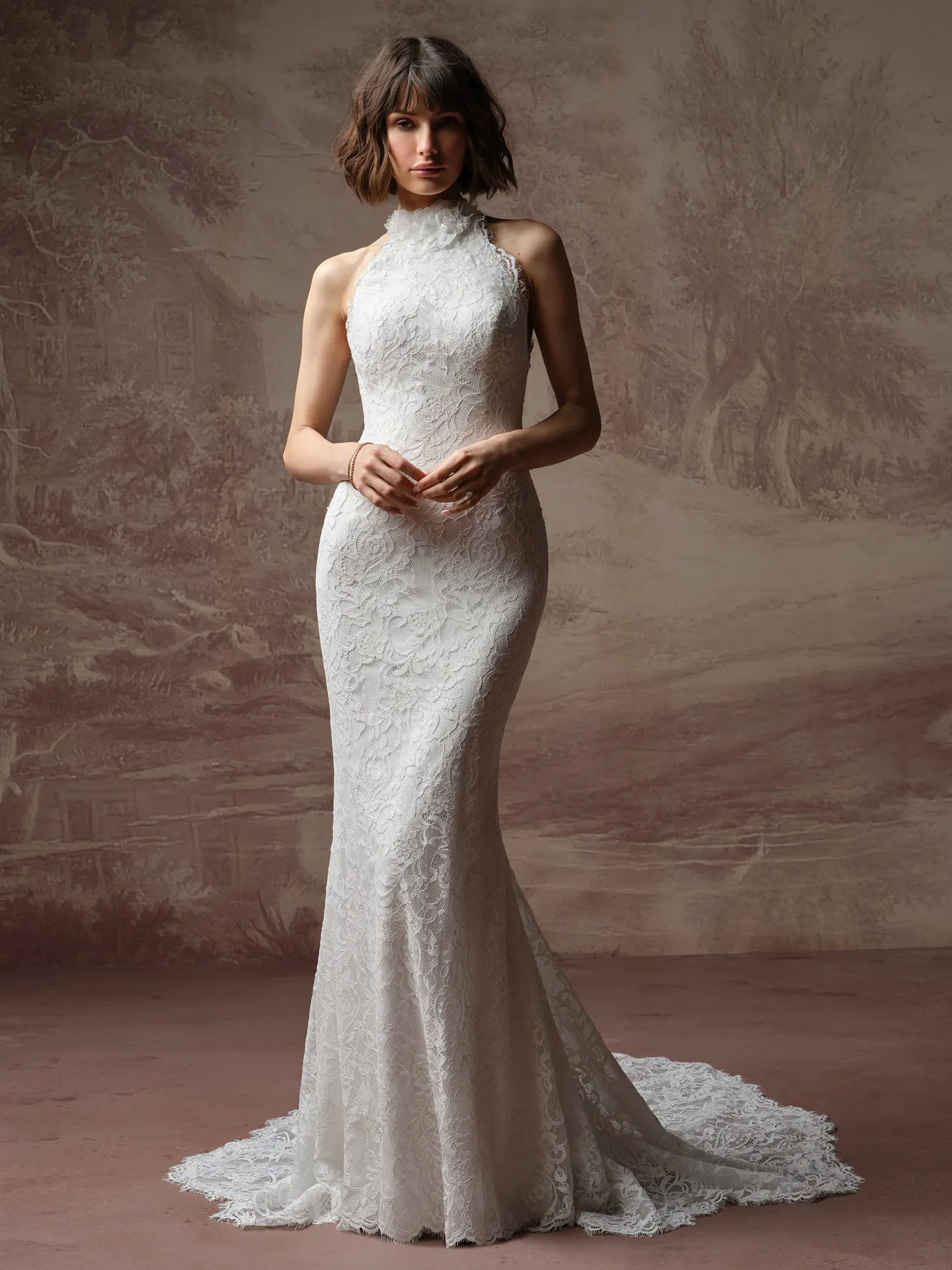 Maggie Sottero Anya lace sheath dress front view.