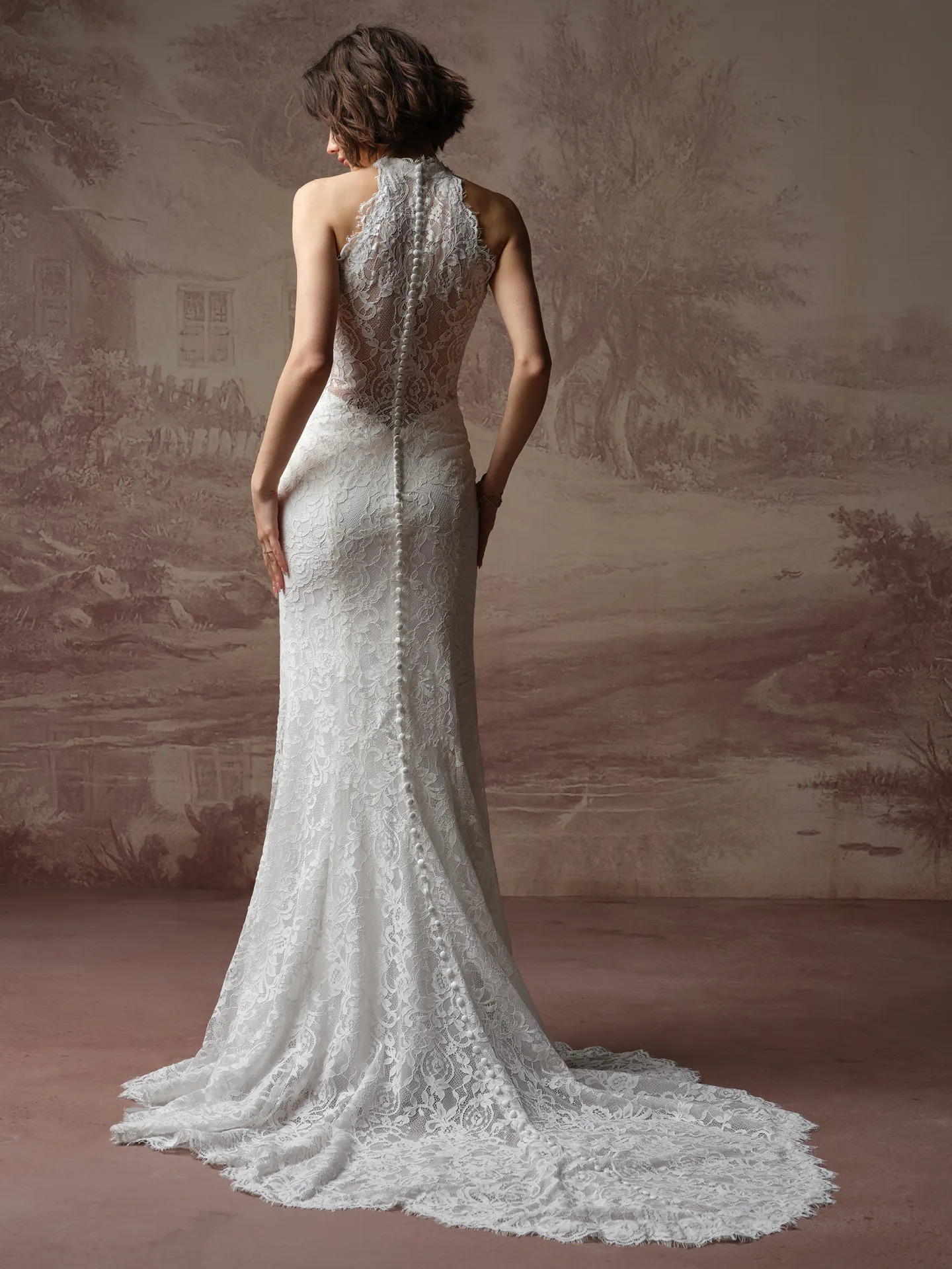 Anya lace high neck sheath dress back view Maggie Sottero.