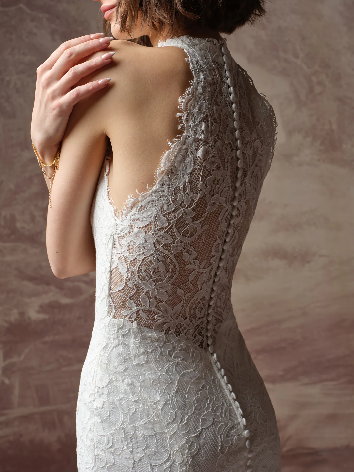 Anya Chantilly Lace High Neck Sheath Dress back view Maggie Sottero.