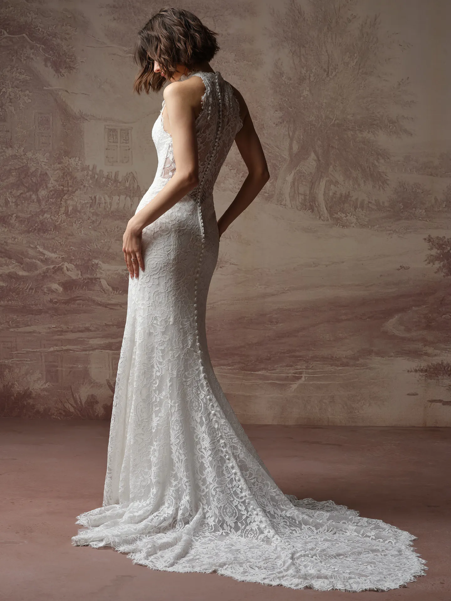 Maggie Sottero Anya back view lace sheath dress.