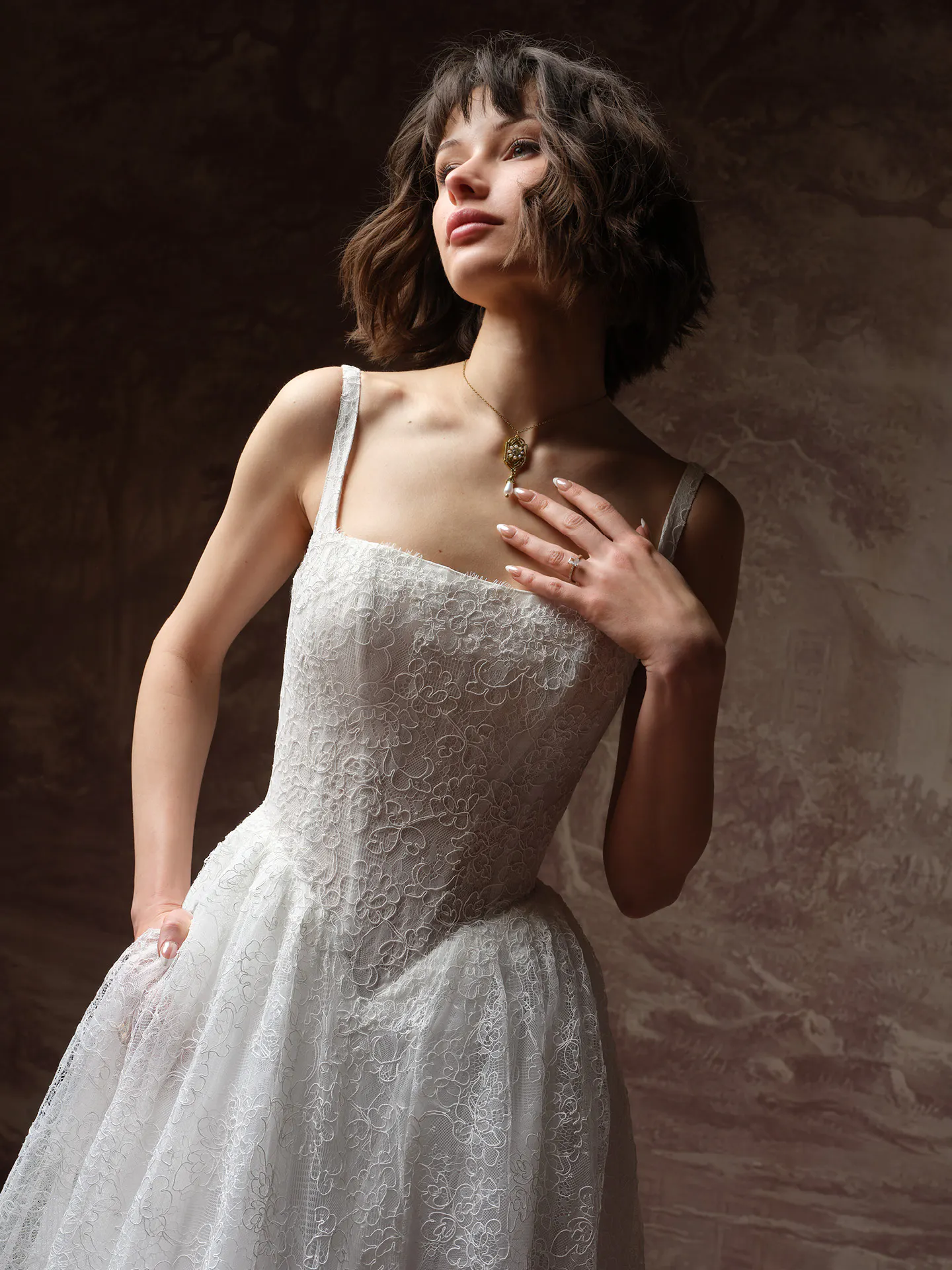 Maggie Sottero Autumn front view lace A Line wedding dress.