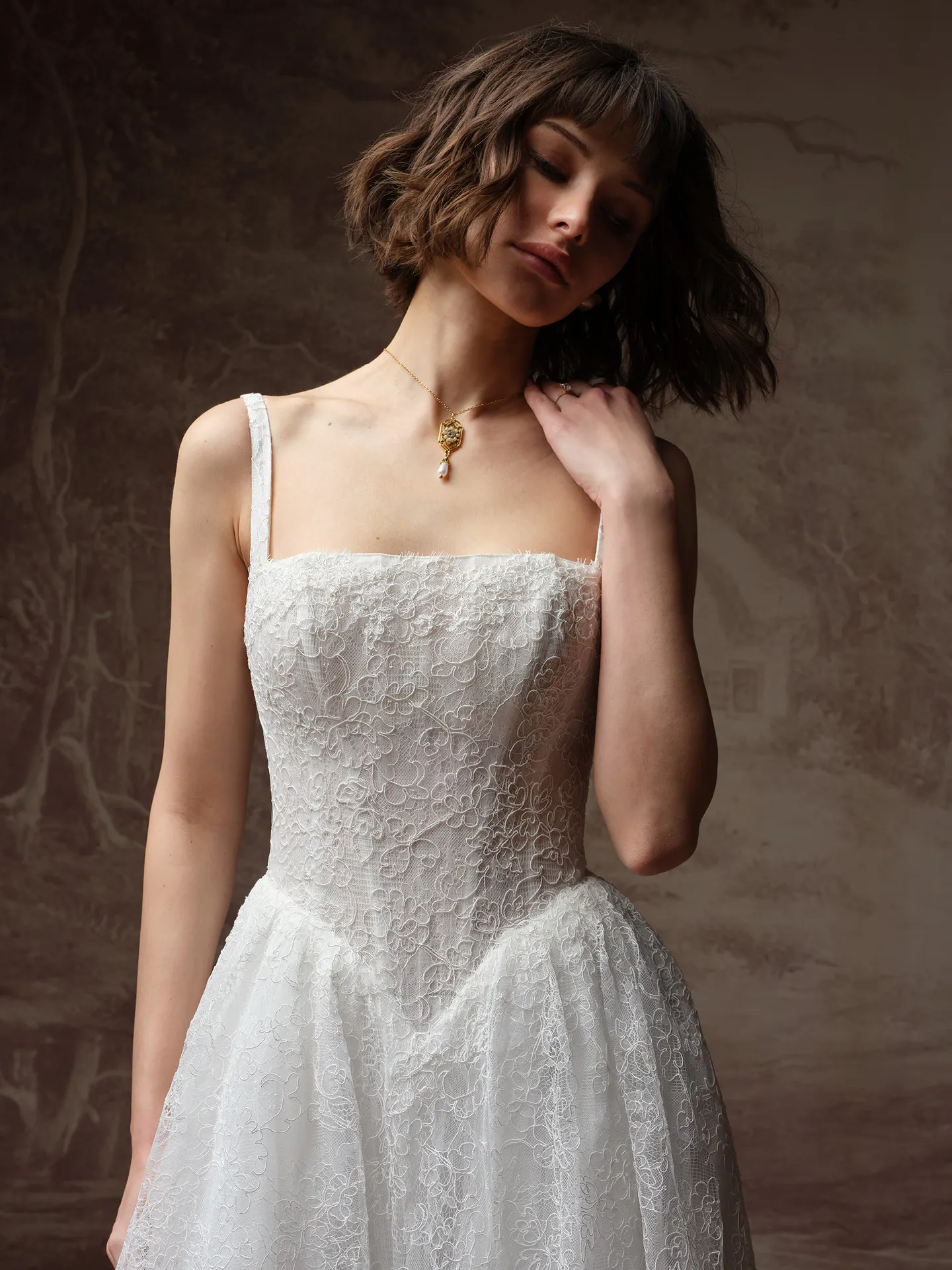 Maggie Sottero Autumn front view lace A Line wedding dress.