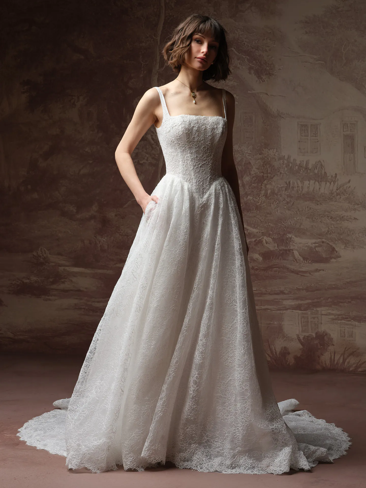 Maggie Sottero Autumn lace A Line dress front view.