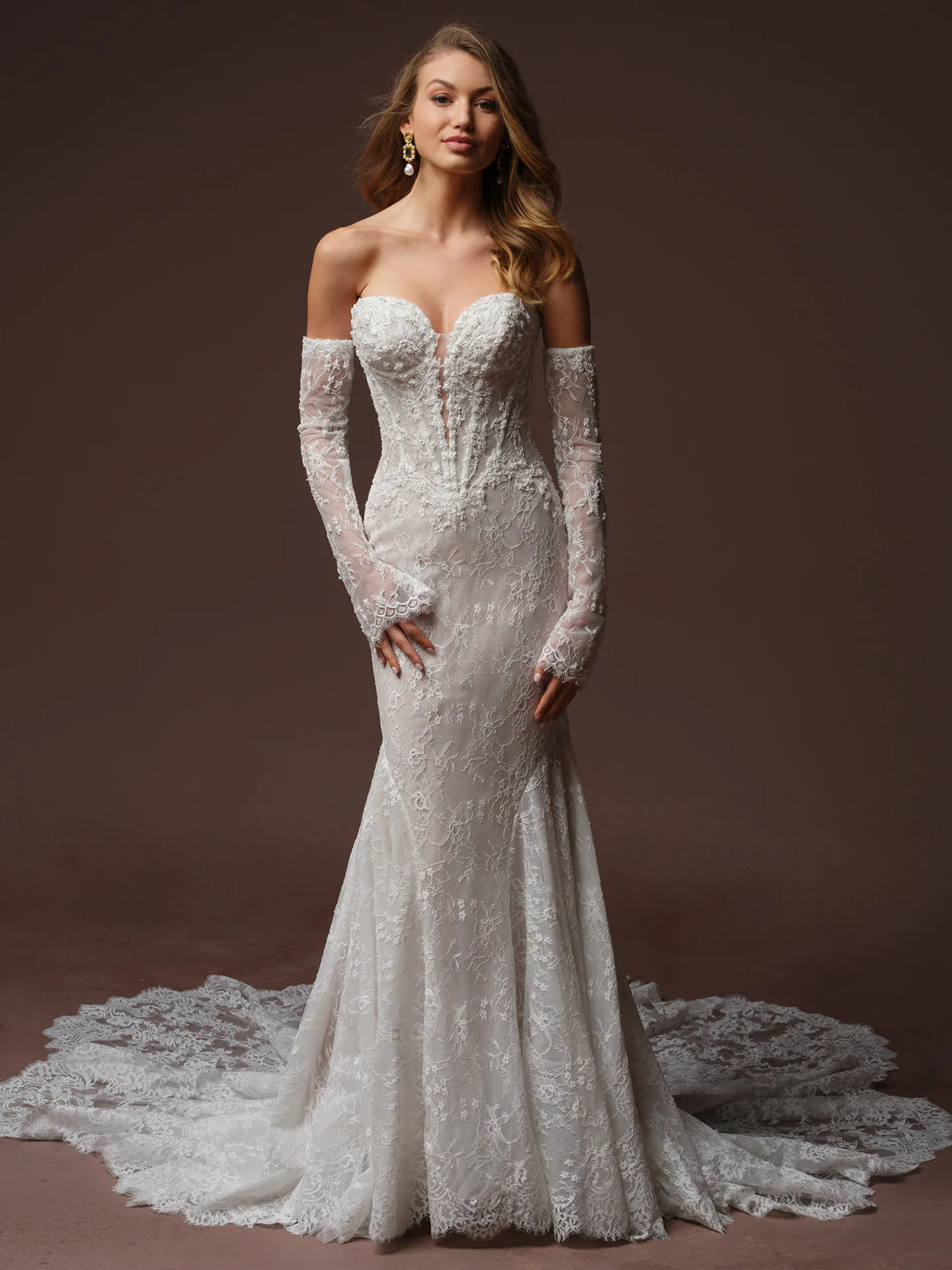 Maggie Sottero Bellevue Royale front view lace fit-and flare wedding dress.