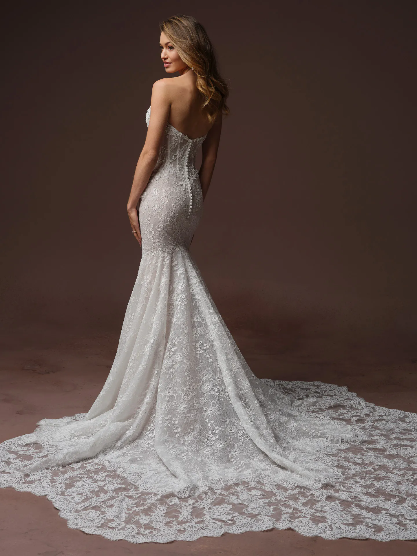 Maggie Sottero Bellevue Royale back view lace fit-and flare dress.