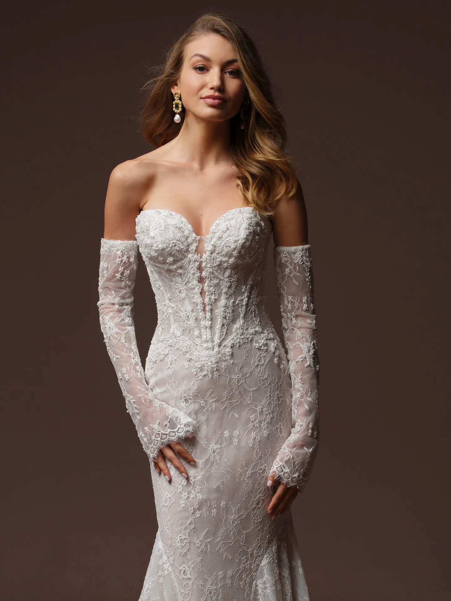 Maggie Sottero Bellevue Royale detachable sleeves, front view.