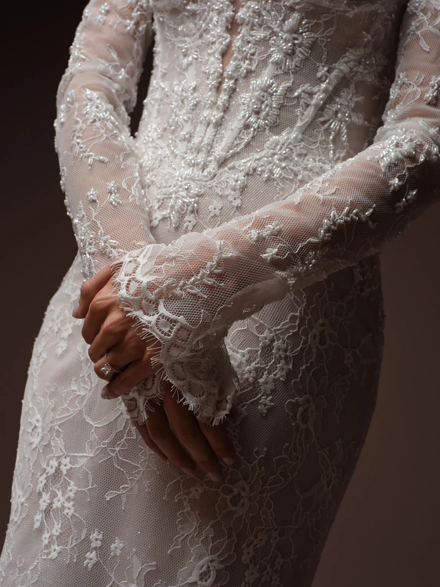 Maggie Sottero Bellevue Royale detachable sleeves, front view.