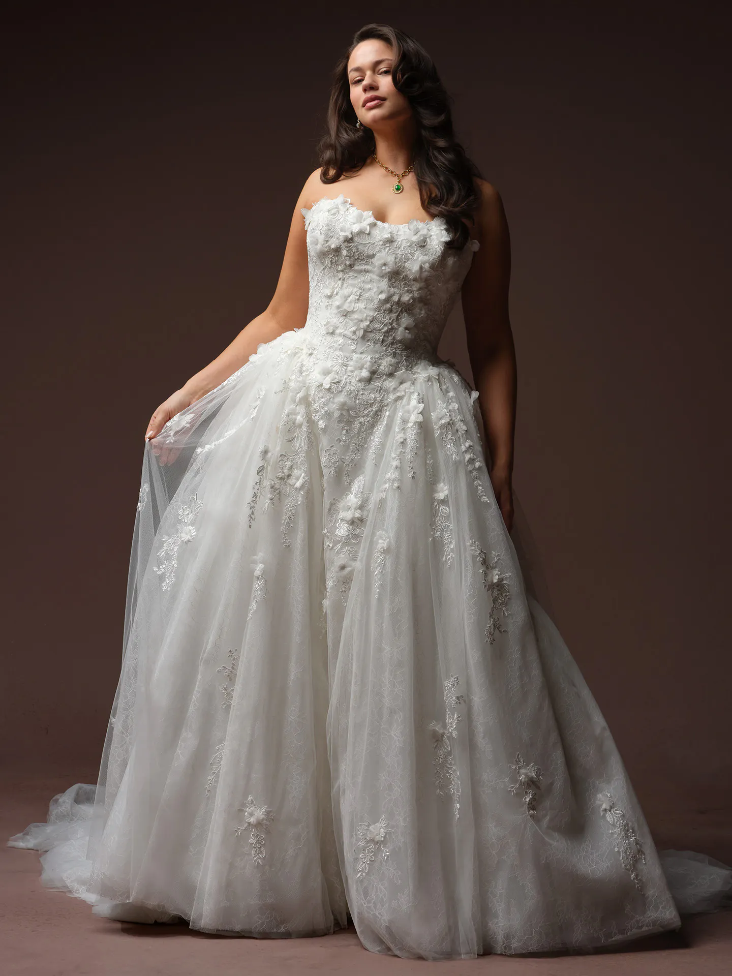 Maggie Sottero Benton floral lace A Line wedding dress front view.
