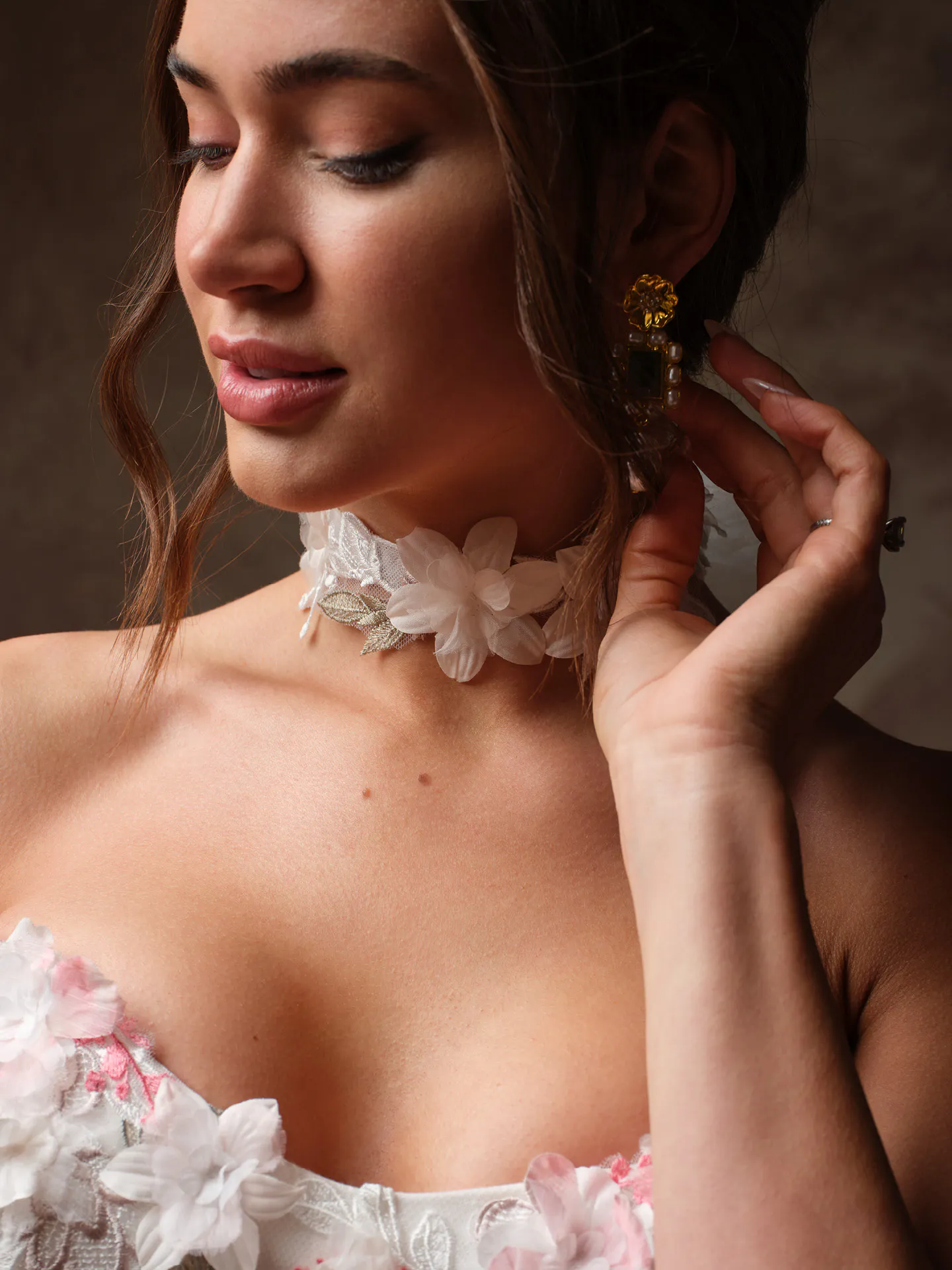 Benton floral lace bodice closeup with flower choker.