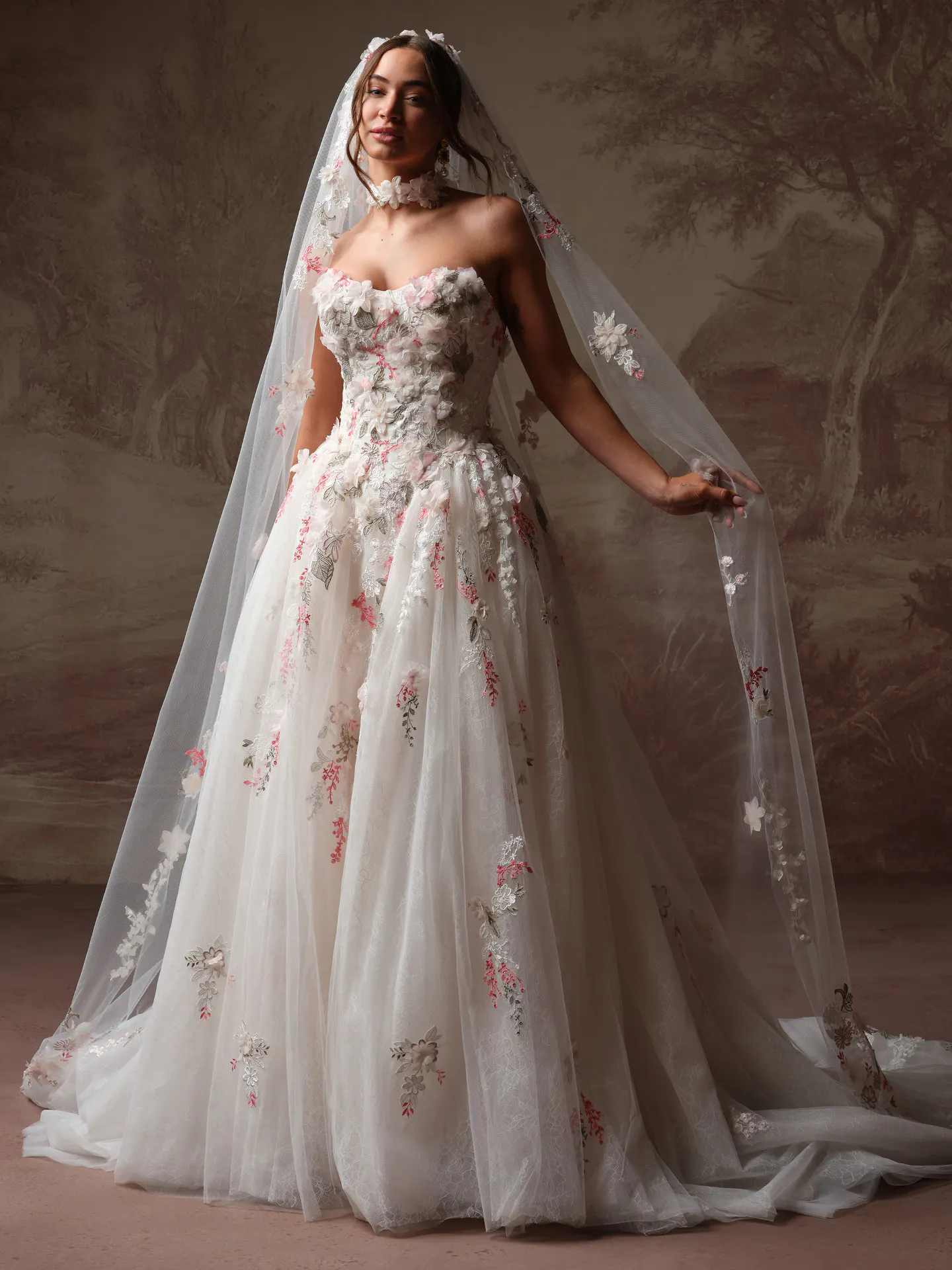 Maggie Sottero Benton A Line floral lace wedding dress front view.
