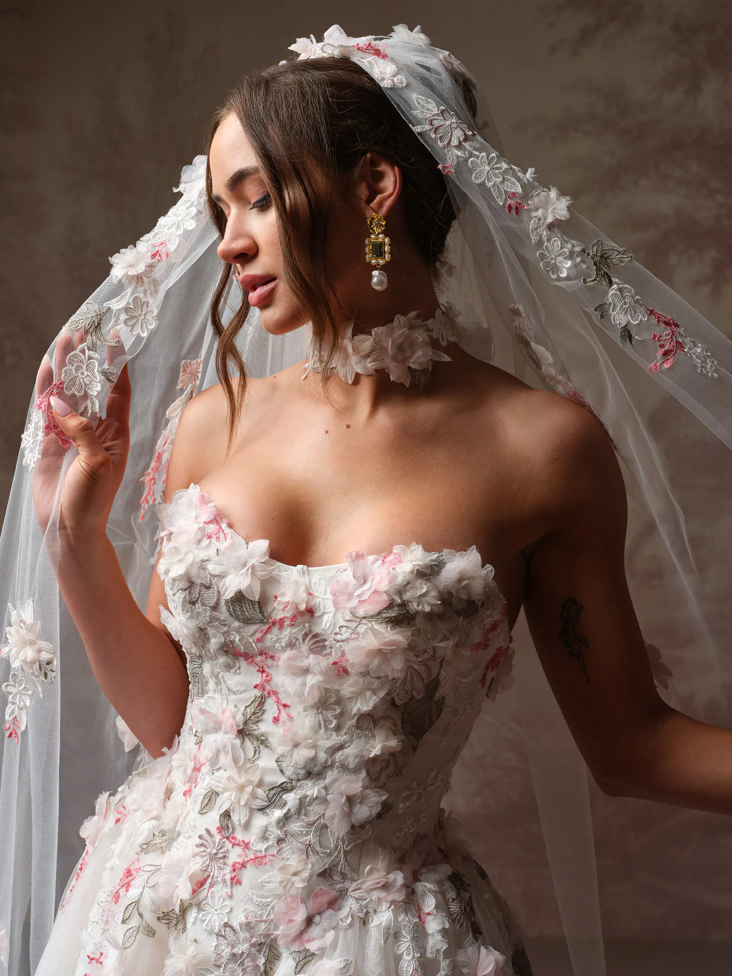 Benton floral lace A-line dress, front view, veil with 3D floral details.