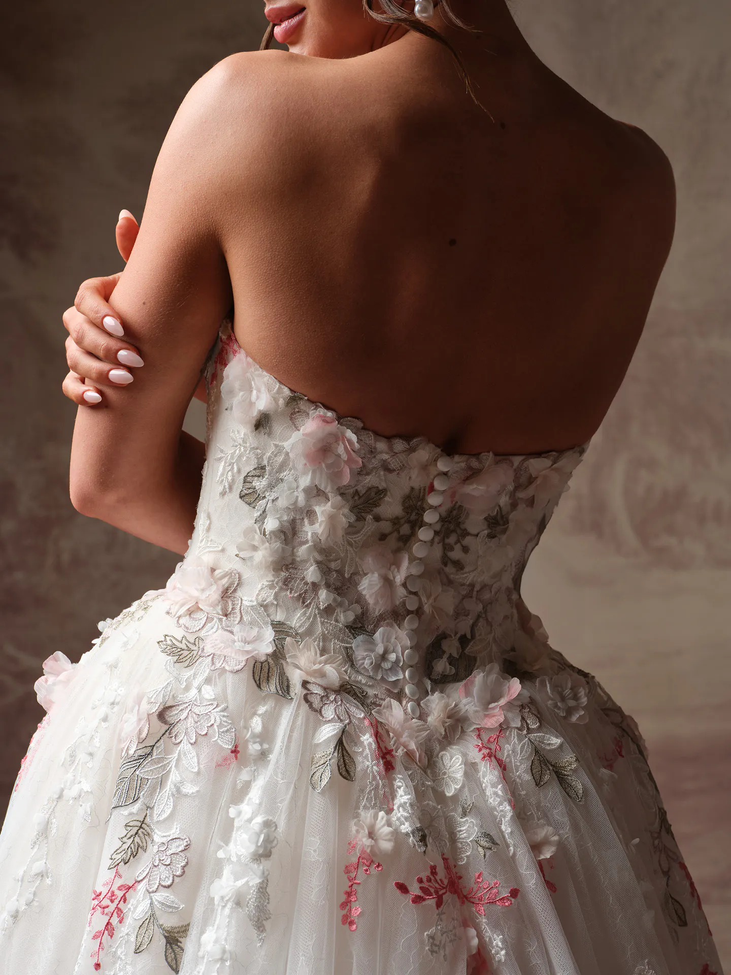 Benton floral lace A-line wedding dress back view.