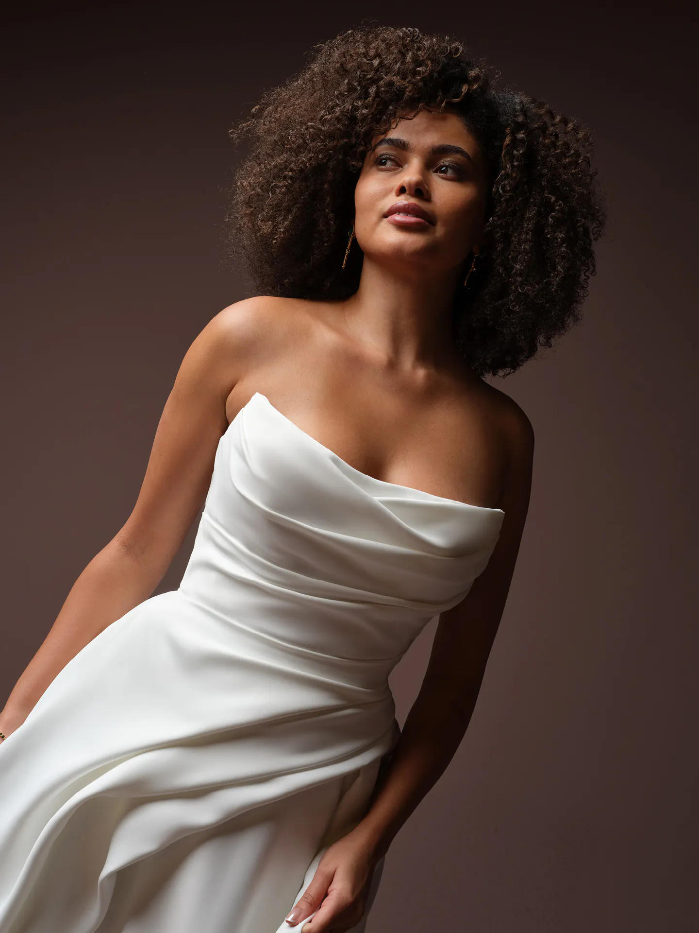 Maggie Sottero Calliope satin asymmetrical A-line dress front view.