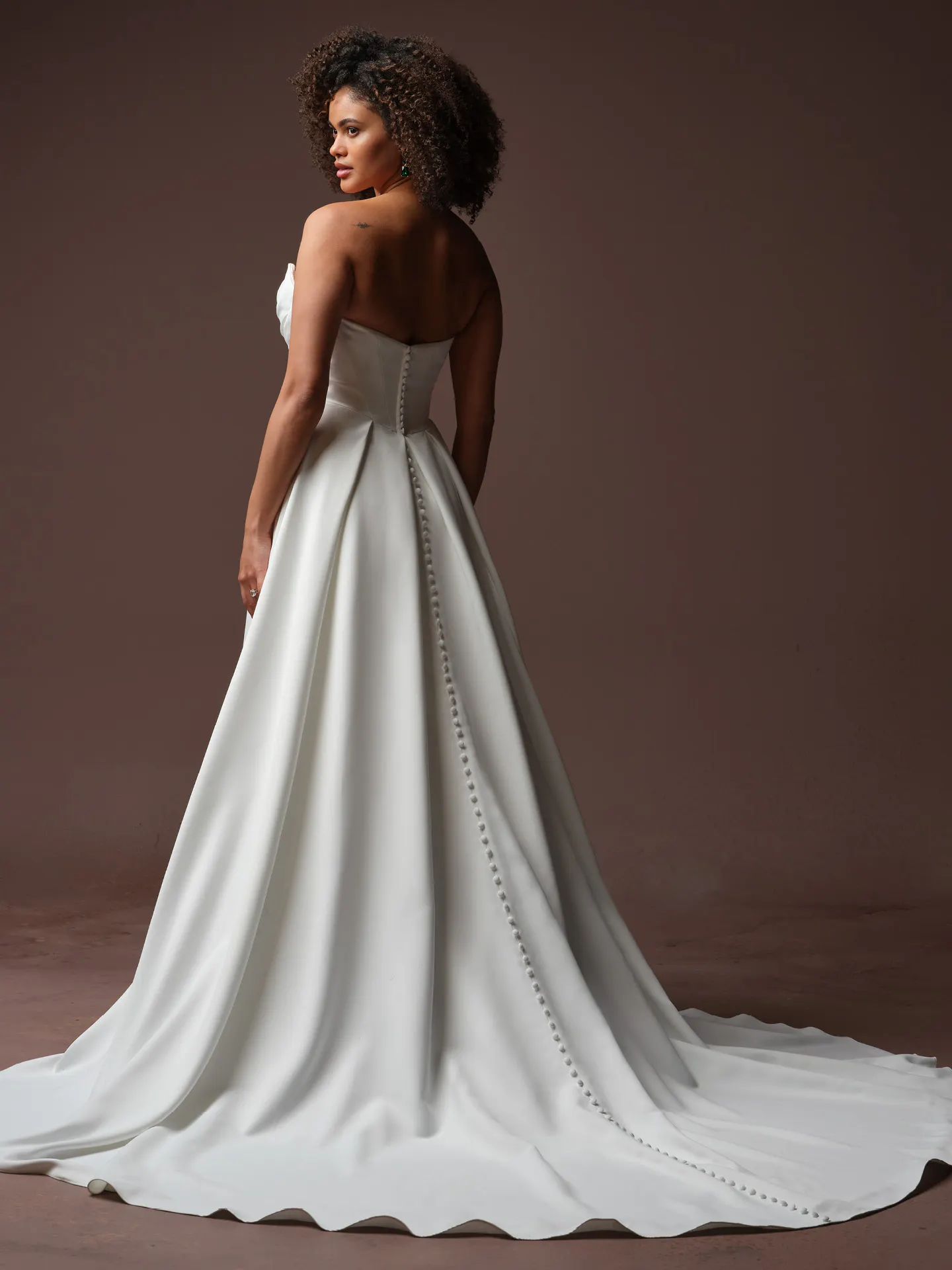 Calliope satin asymmetrical A-line wedding dress, back view, Maggie Sottero.