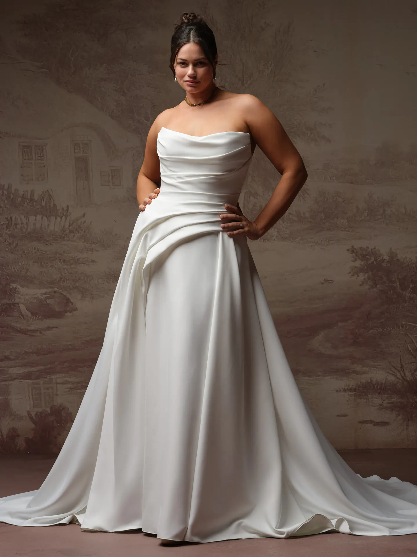 Maggie Sottero Calliope A Line satin wedding dress front view.