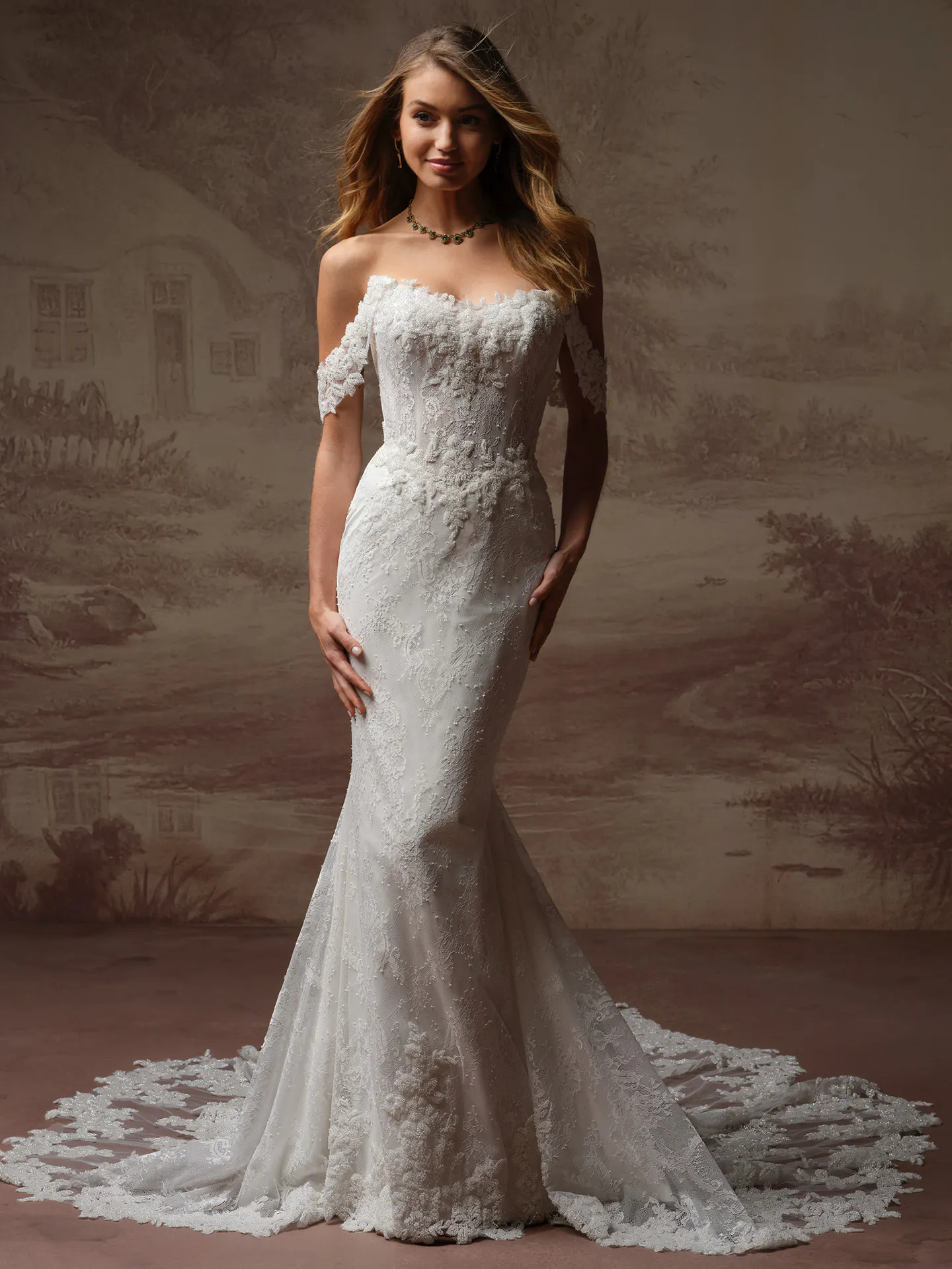 Maggie Sottero Collette beaded lace wedding dress front view.