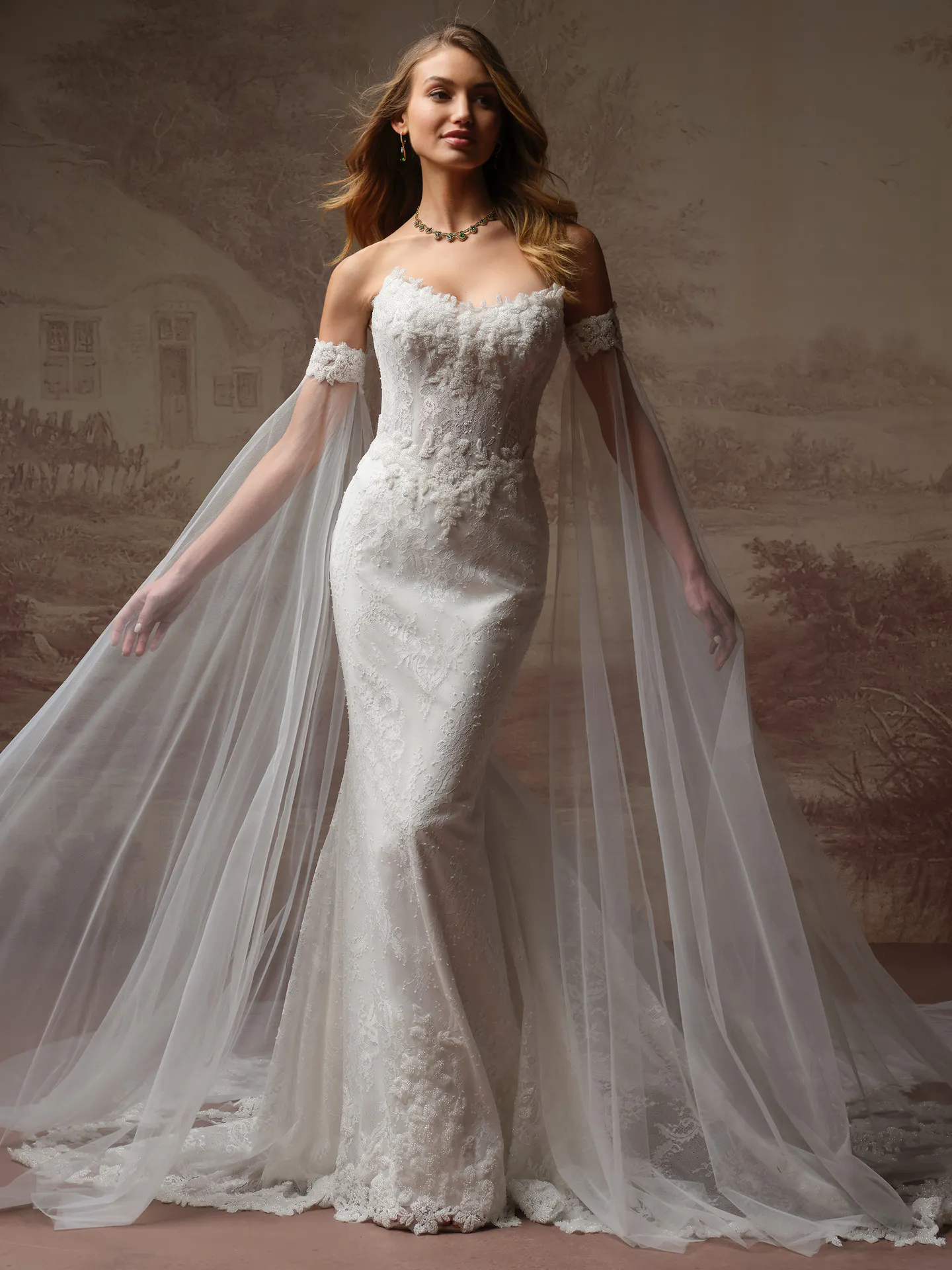 Maggie Sottero Collette front view; beaded Chantilly lace wedding dress.