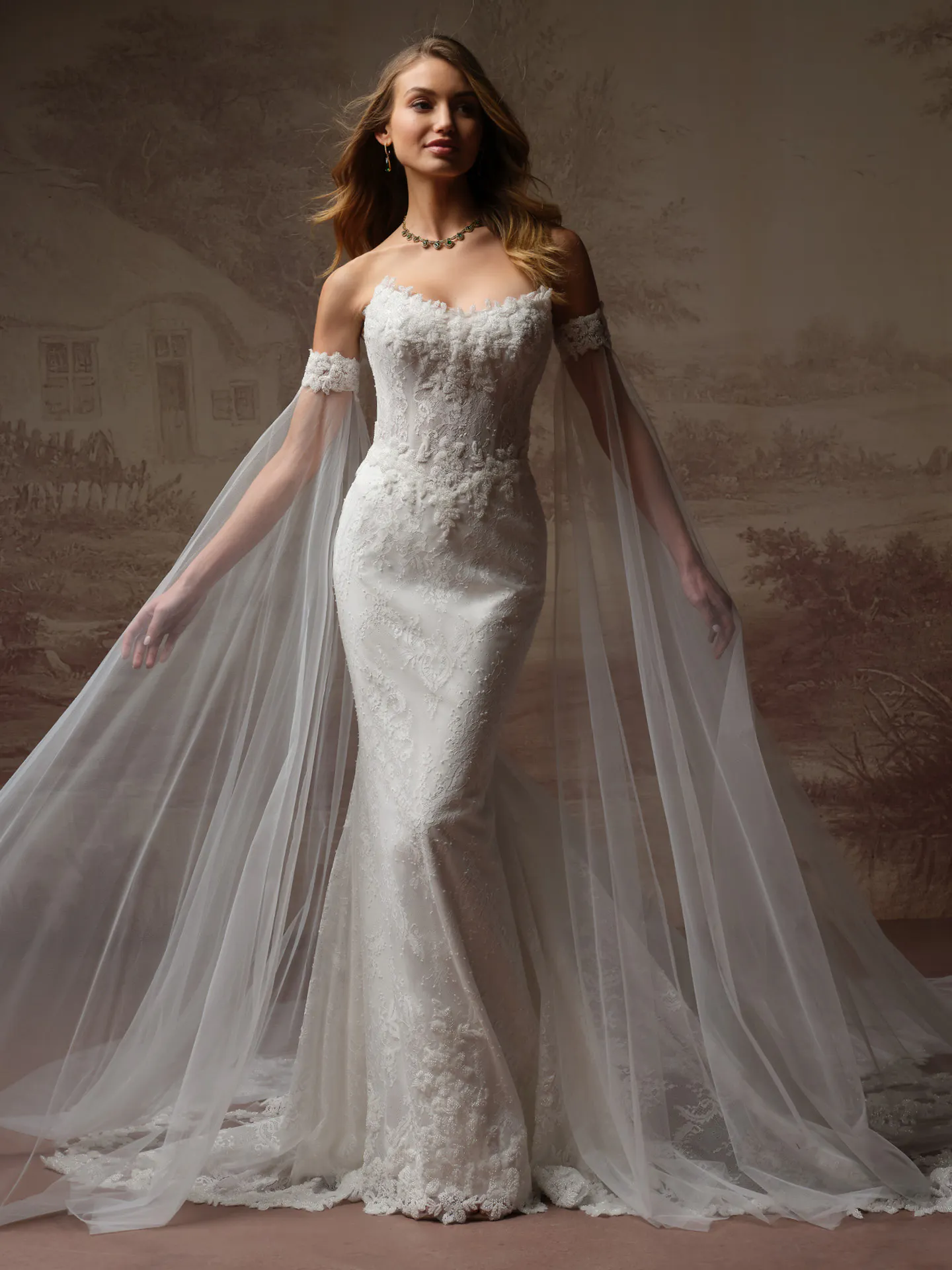 Maggie Sottero Collette detachable sleeves, front view.