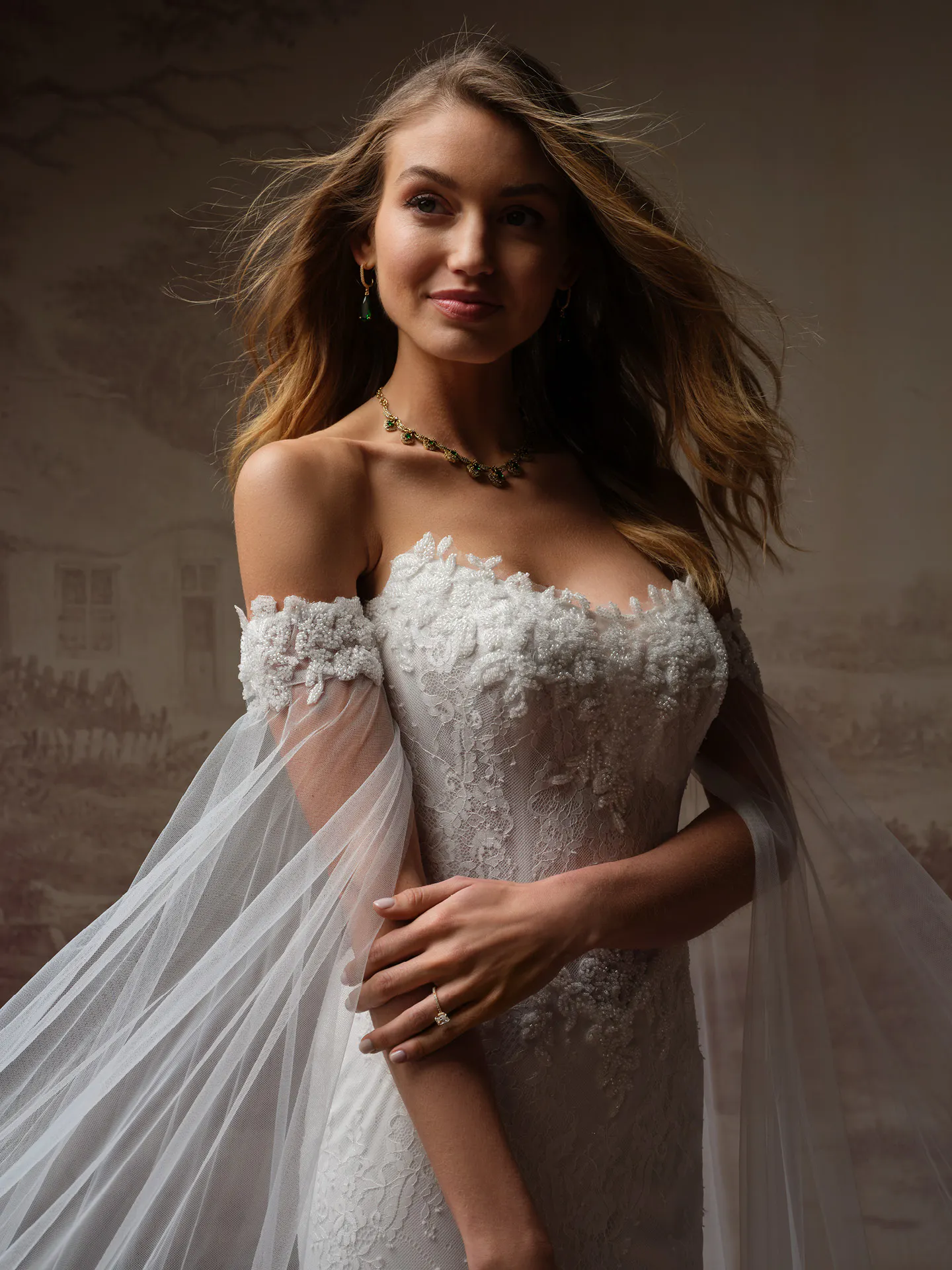 Maggie Sottero Collette detachable sleeves, front view.