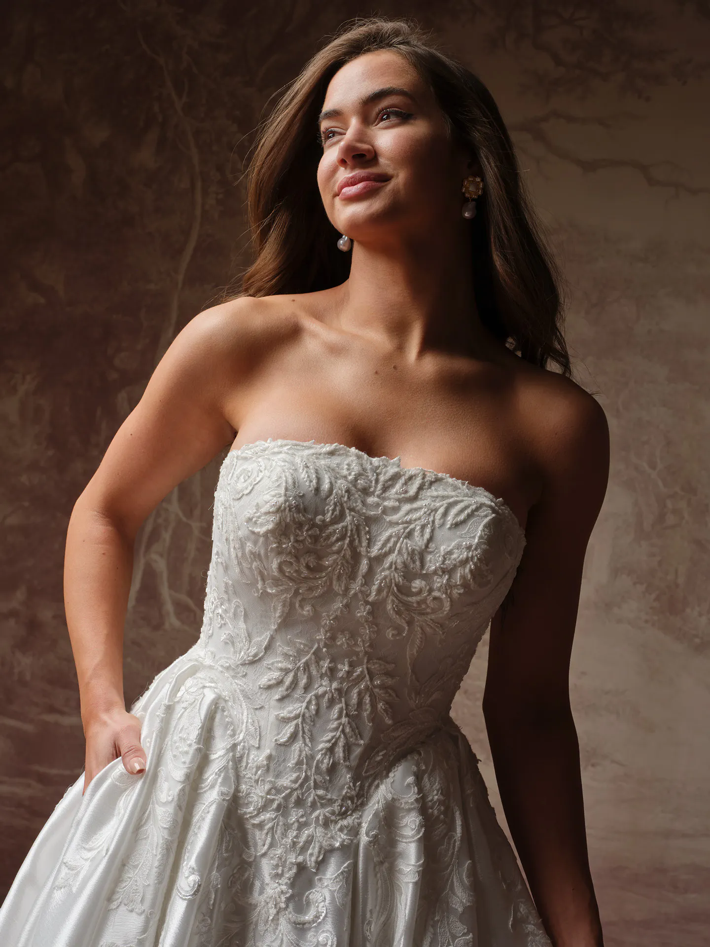 Maggie Sottero Dahlia strapless lace organza front view.