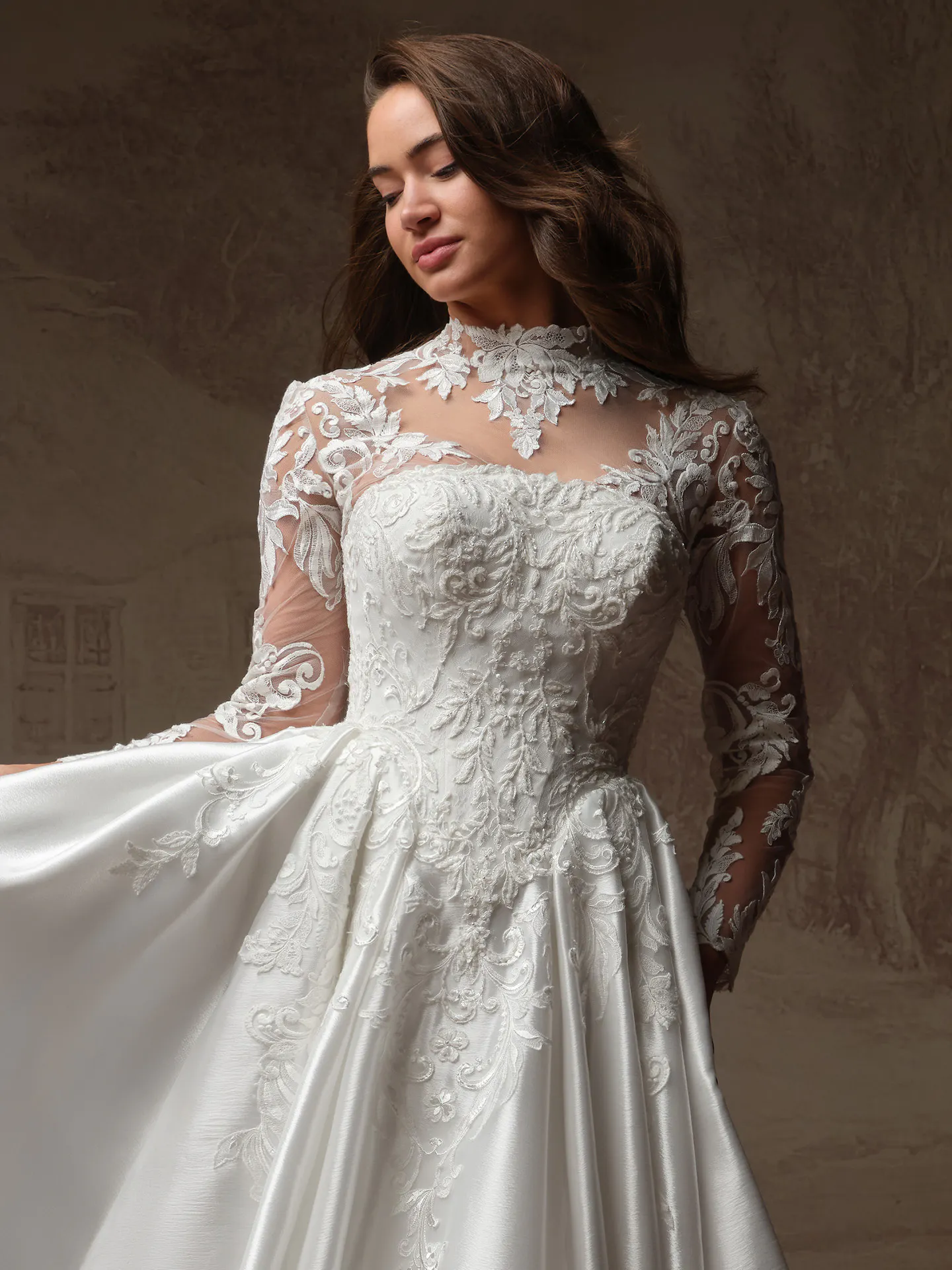 Maggie Sottero Dahlia detachable jacket, front view.