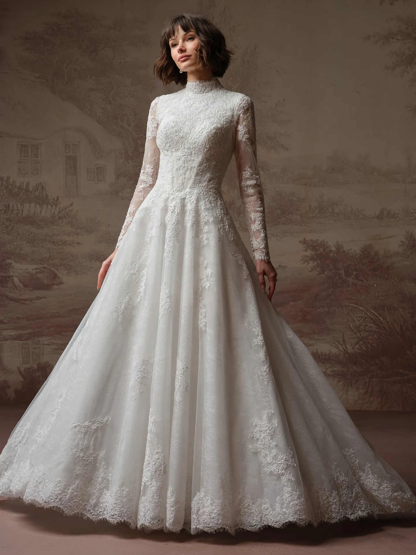 Maggie Sottero Dominique front view lace high neck long sleeve wedding dress.