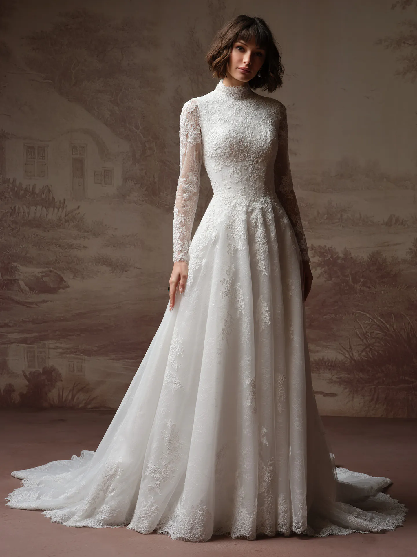 Maggie Sottero Dominique front view lace high neck wedding dress.