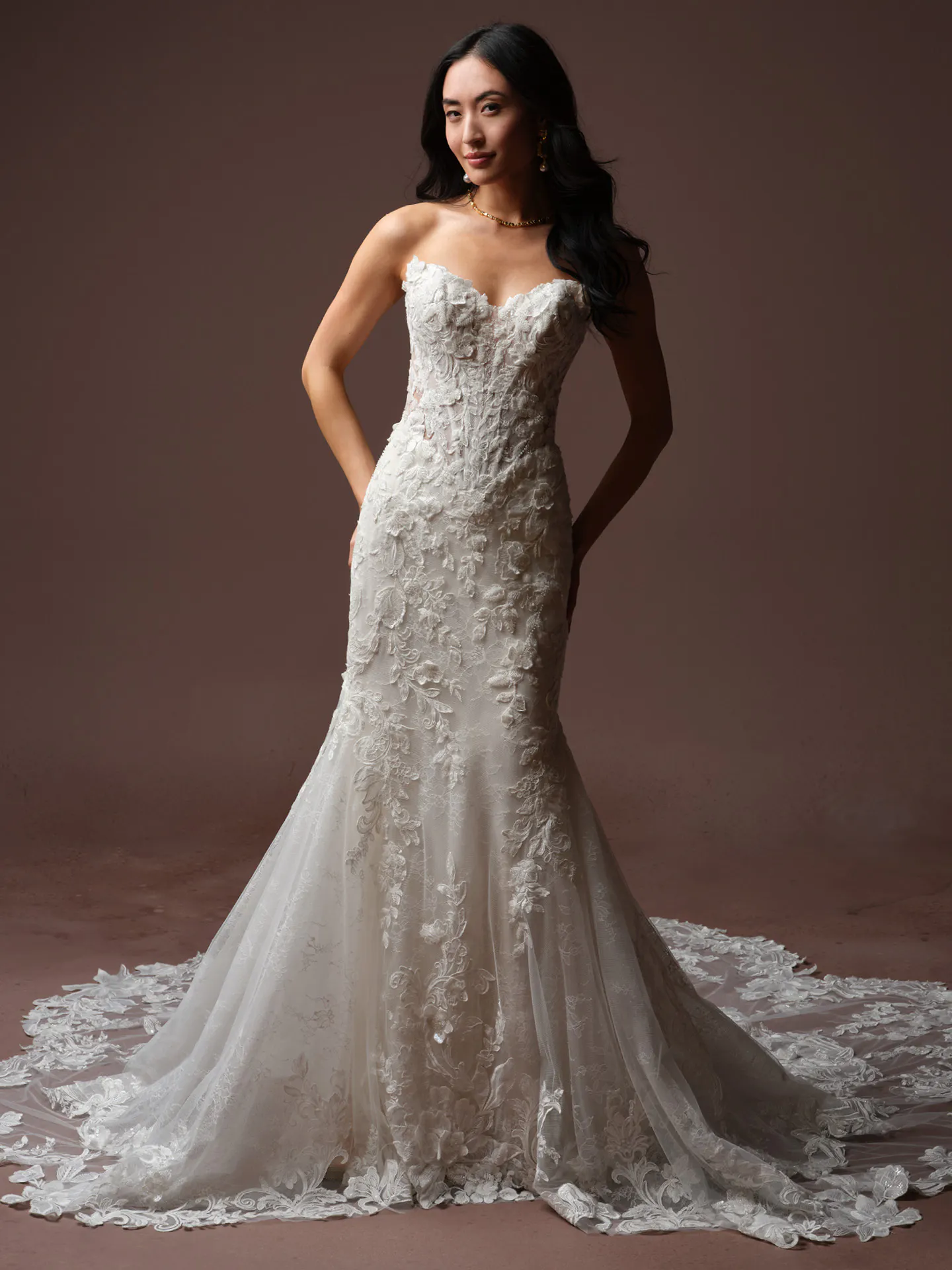 Maggie Sottero Estelle wedding dress front view, lace detail with sweetheart neckline.
