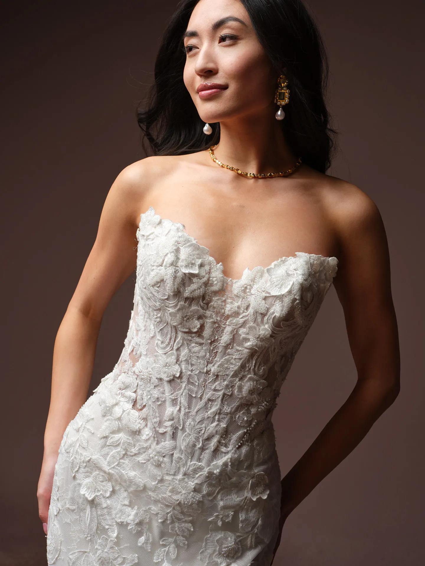 Maggie Sottero Estelle lace wedding dress front view.