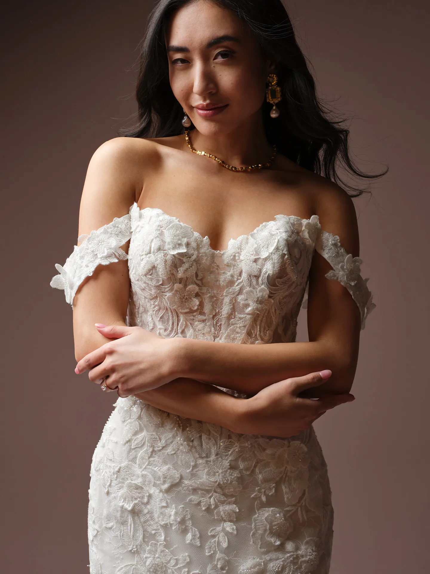 Maggie Sottero Estelle lace wedding dress front view.