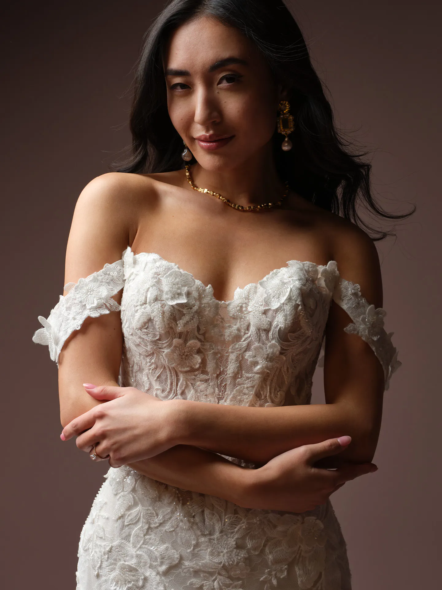 Maggie Sottero Estelle detachable cap sleeves, front view.