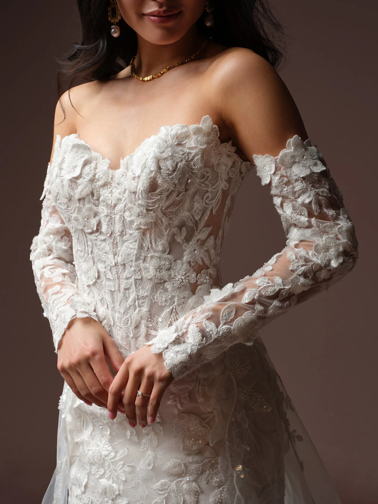 Maggie Sottero Estelle detachable sleeves, front view.